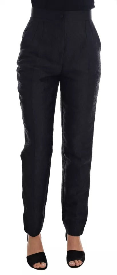 Schwarze Brokathose mit Blumenmuster und hoher Taille