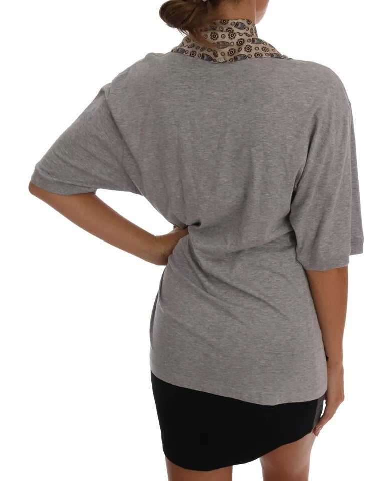 Graues T-Shirt mit Eulen-Seidenschal aus Baumwolle