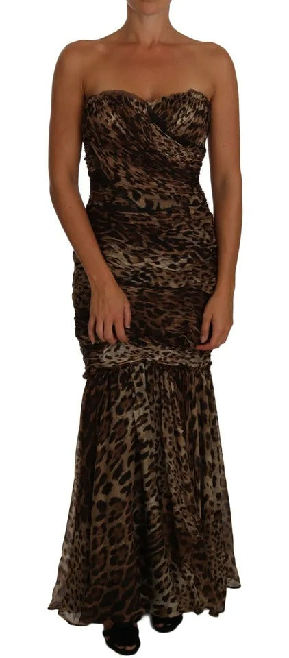Braunes gerüschtes Maxikleid aus Seidenchiffon mit Leopardenmuster im Meerjungfrauenstil