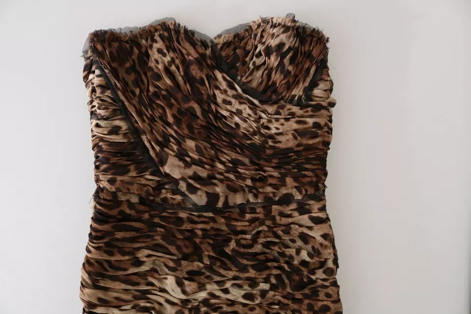 Braunes gerüschtes Maxikleid aus Seidenchiffon mit Leopardenmuster im Meerjungfrauenstil