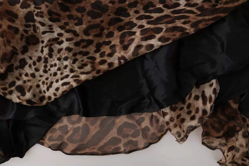 Braunes gerüschtes Maxikleid aus Seidenchiffon mit Leopardenmuster im Meerjungfrauenstil