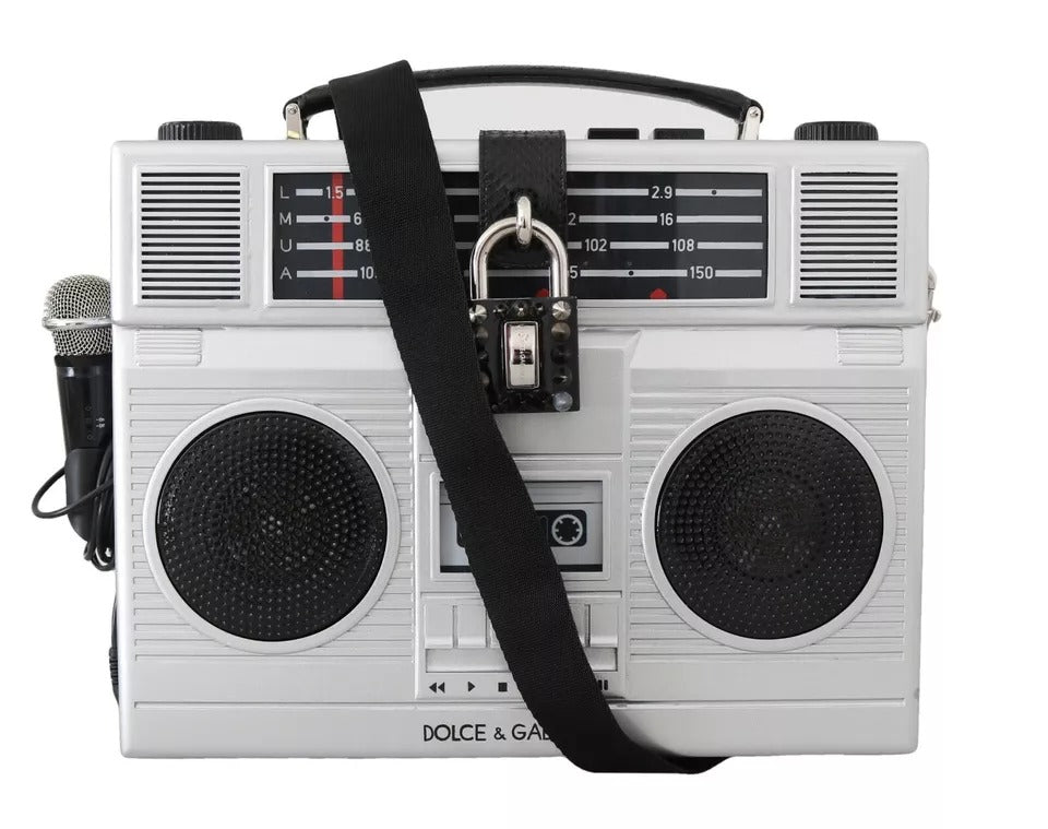 Silberne Retro-Radio-Boombox, limitierte Auflage, handgefertigte Holztasche