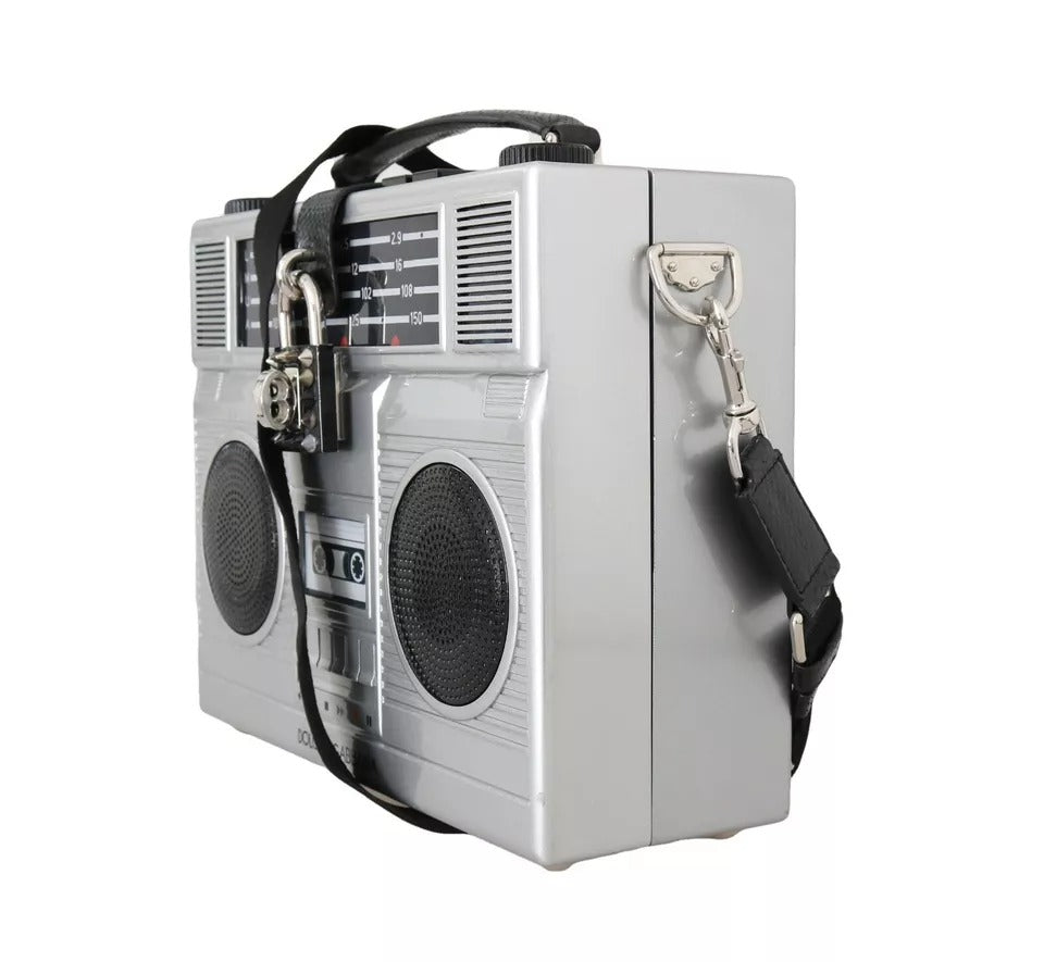 Silberne Retro-Radio-Boombox, limitierte Auflage, handgefertigte Holztasche