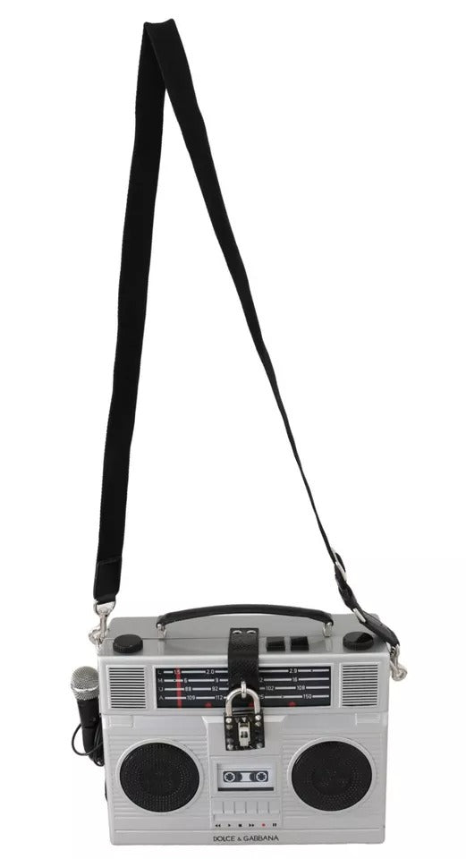 Silberne Retro-Radio-Boombox, limitierte Auflage, handgefertigte Holztasche