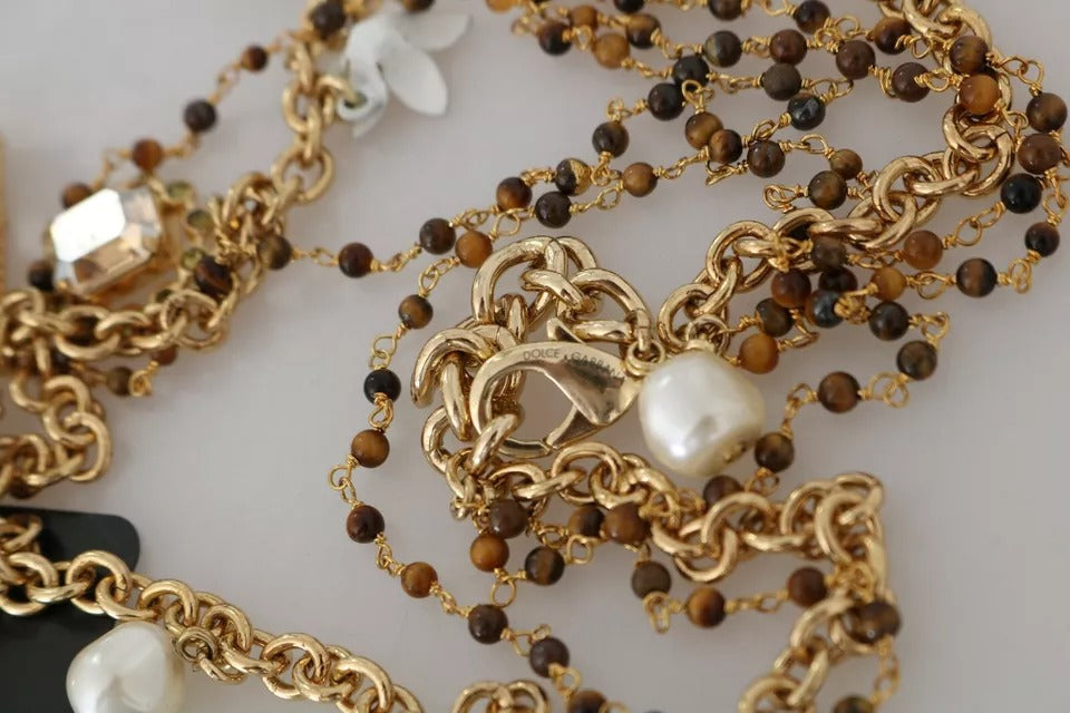 Statement-Halskette mit floralem Kristallanhänger aus goldfarbenem Messing
