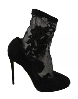 Schwarze Stiefeletten aus Stretch-Tüll mit Blumenmuster