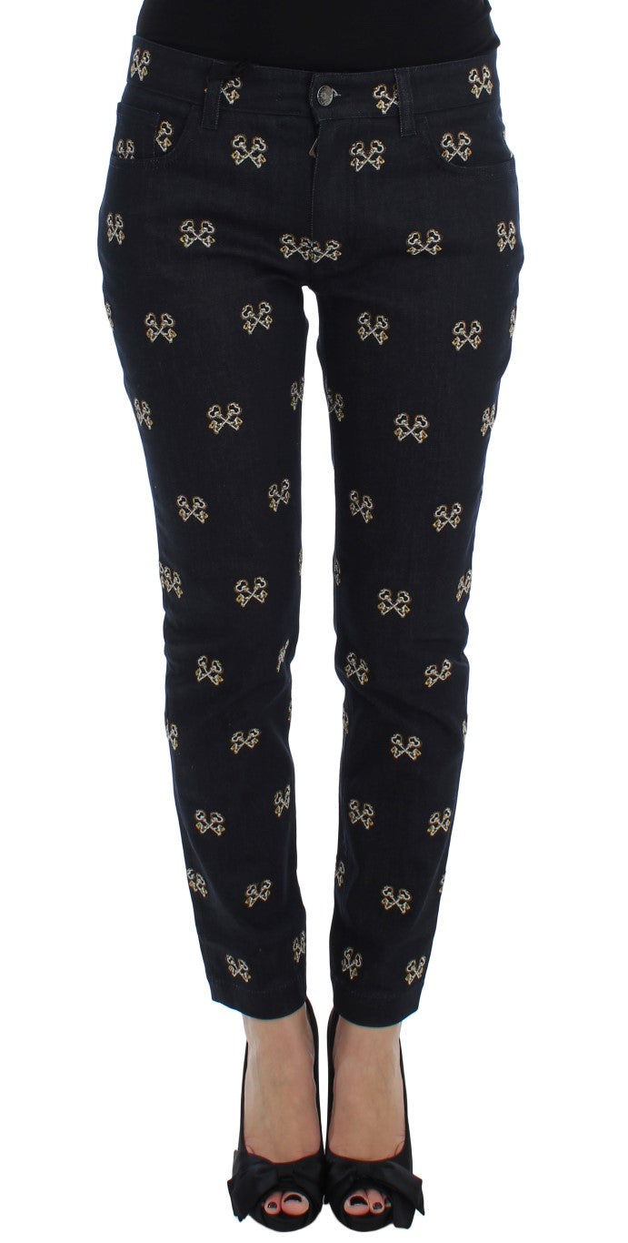 Slim Fit-Jeans „KATE“ mit blauer Schlüsselstickerei