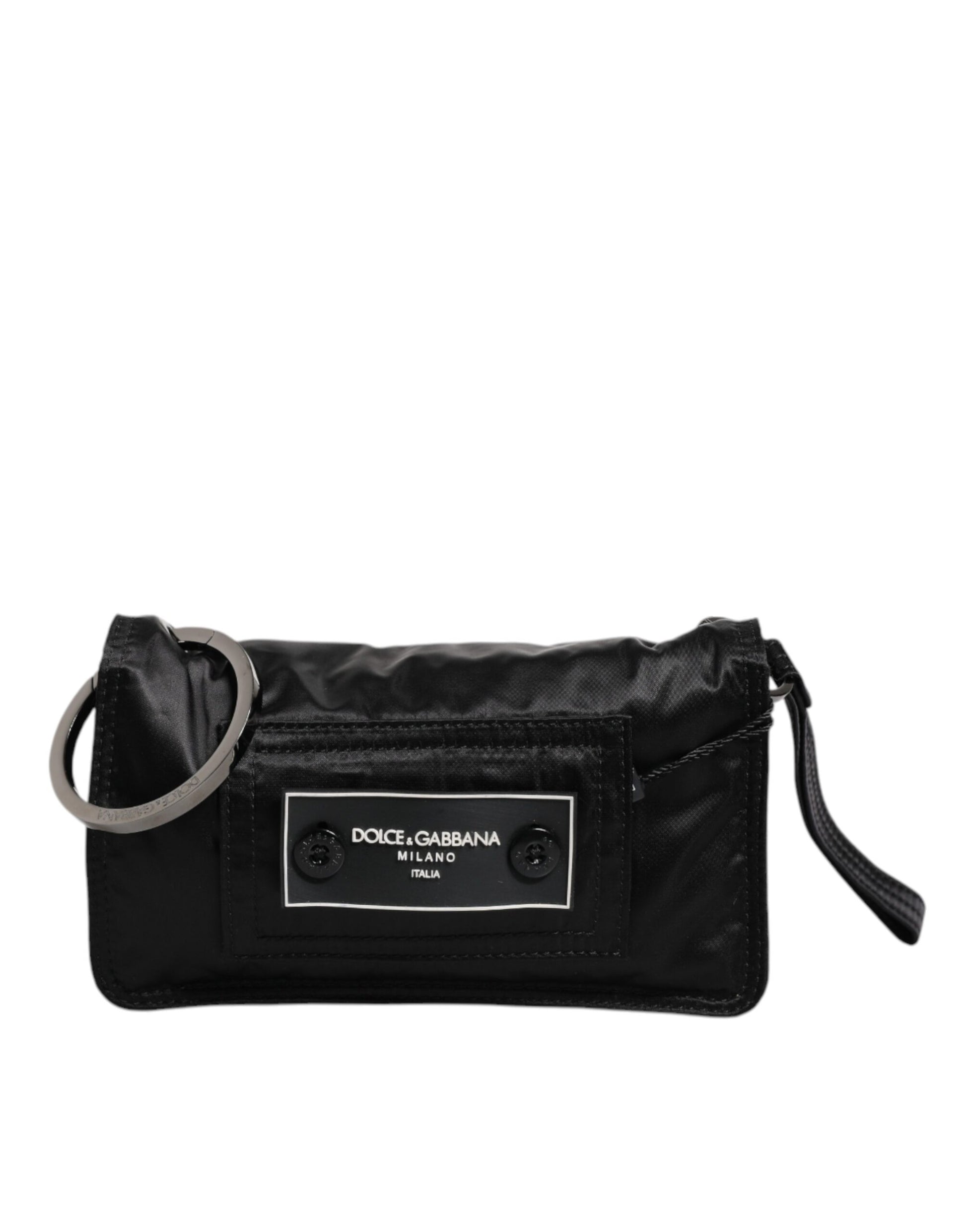 Schwarze Zweiwege-Clutch aus Stoff mit Logo
