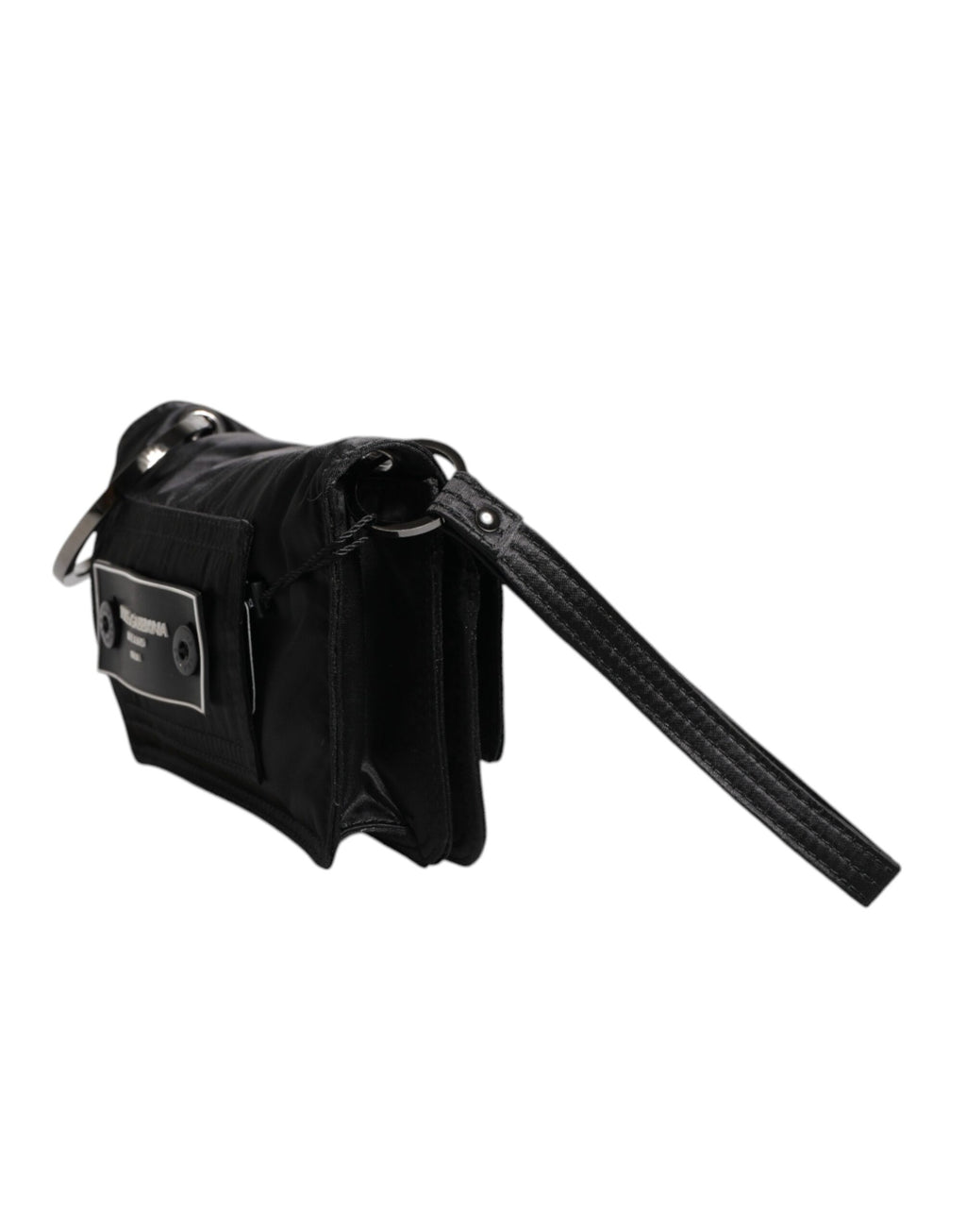 Schwarze Zweiwege-Clutch aus Stoff mit Logo