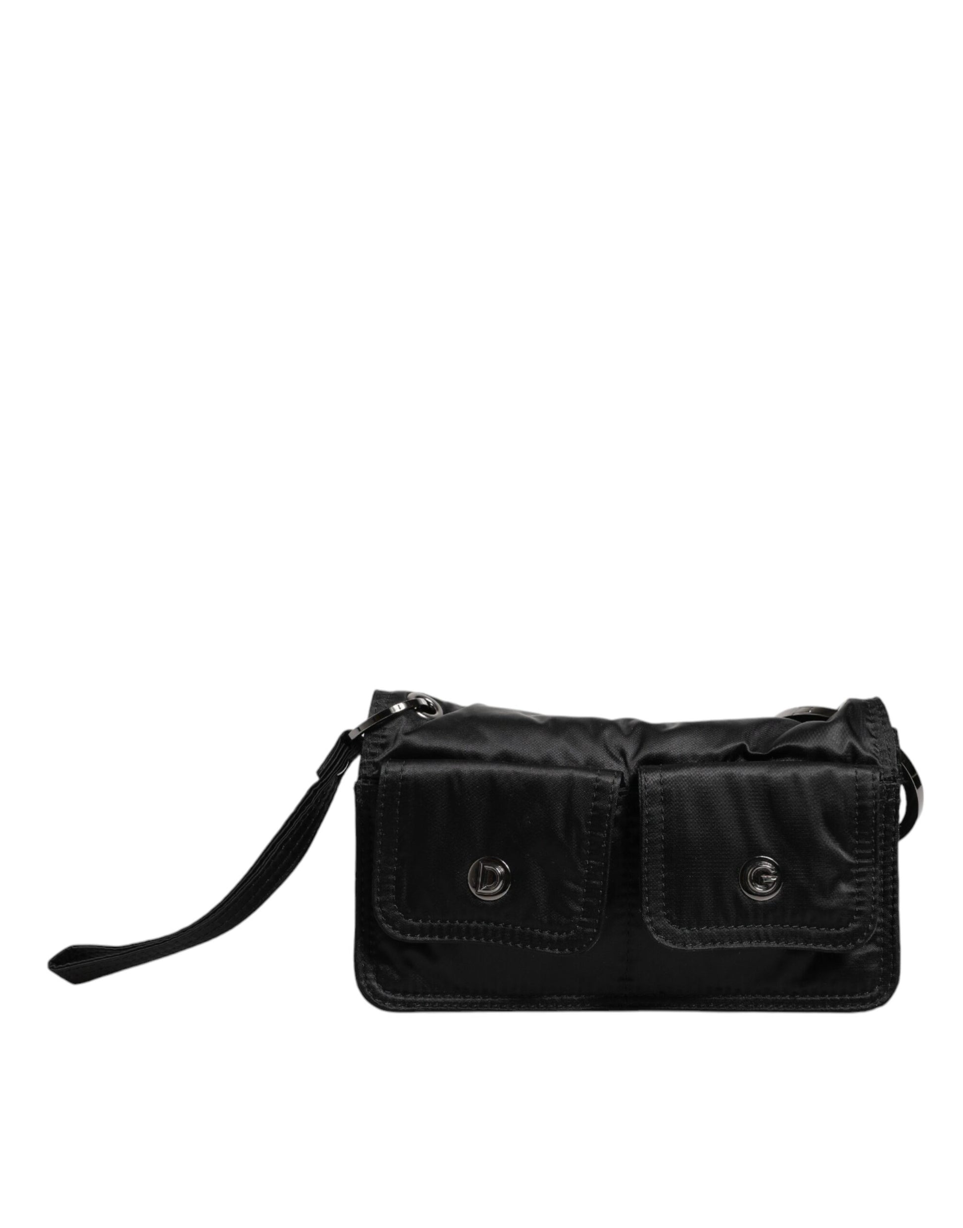 Schwarze Zweiwege-Clutch aus Stoff mit Logo