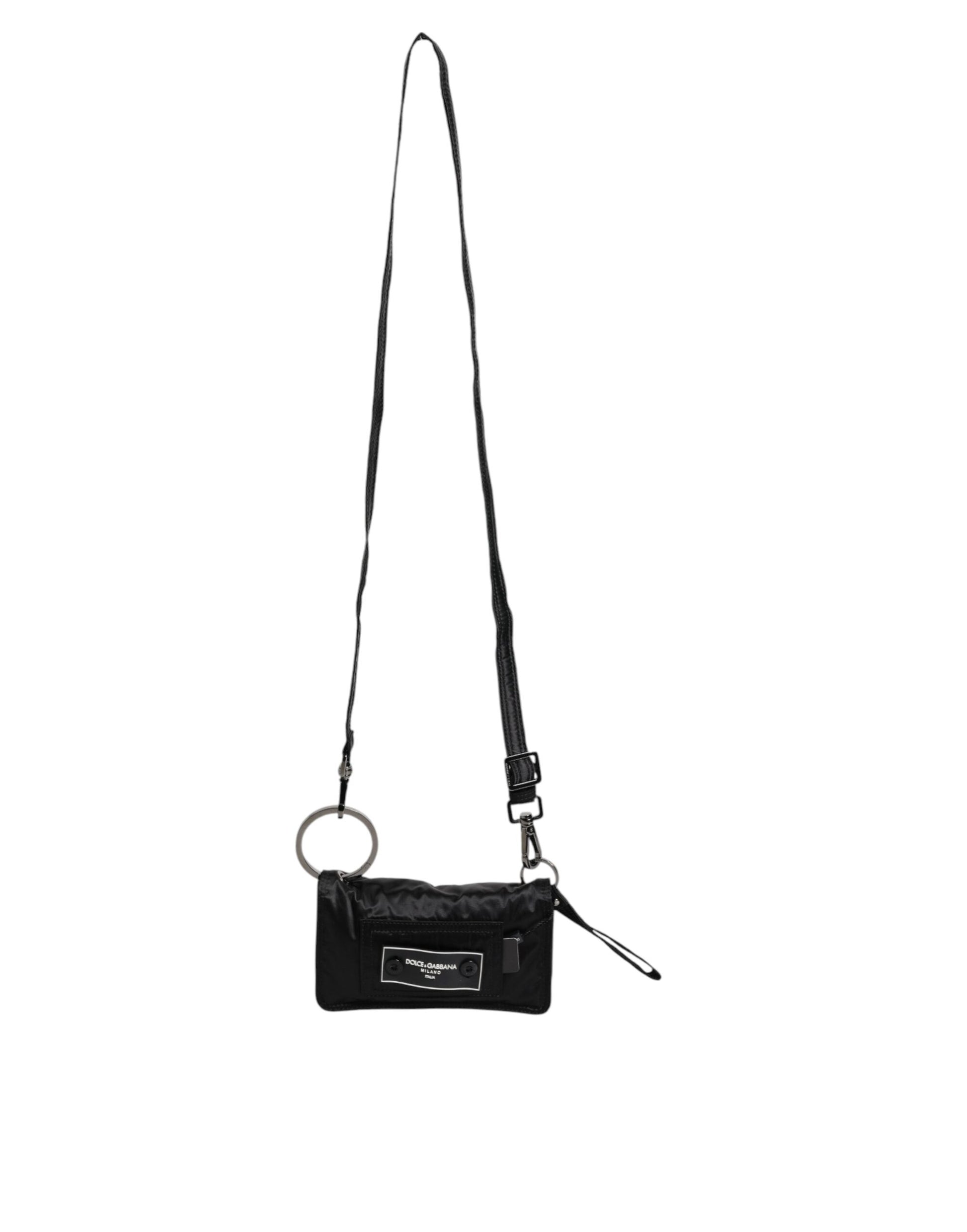 Schwarze Zweiwege-Clutch aus Stoff mit Logo