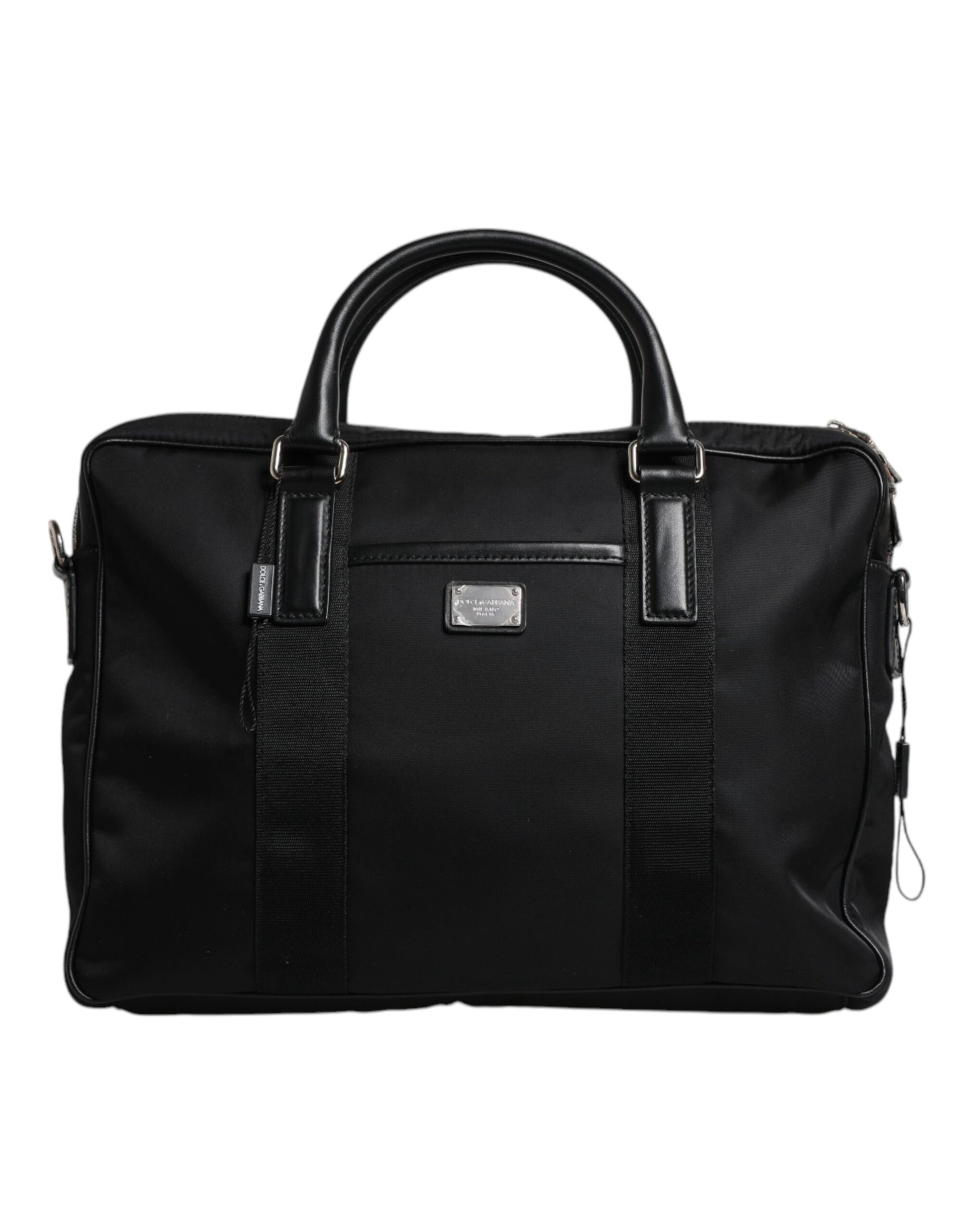 Schwarze Messenger Bag mit Doppelgriff und Logo-Schild