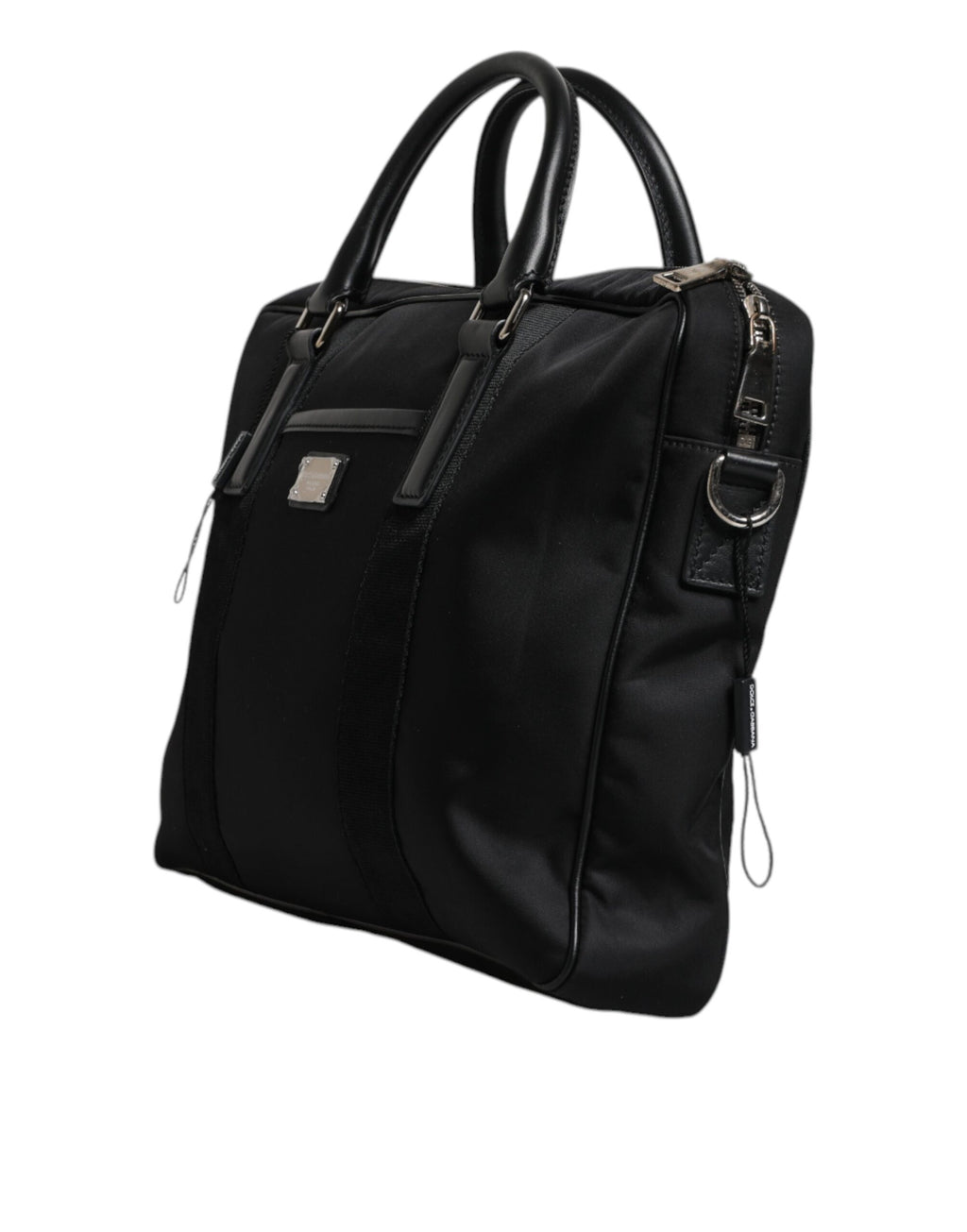 Schwarze Messenger Bag mit Doppelgriff und Logo-Schild
