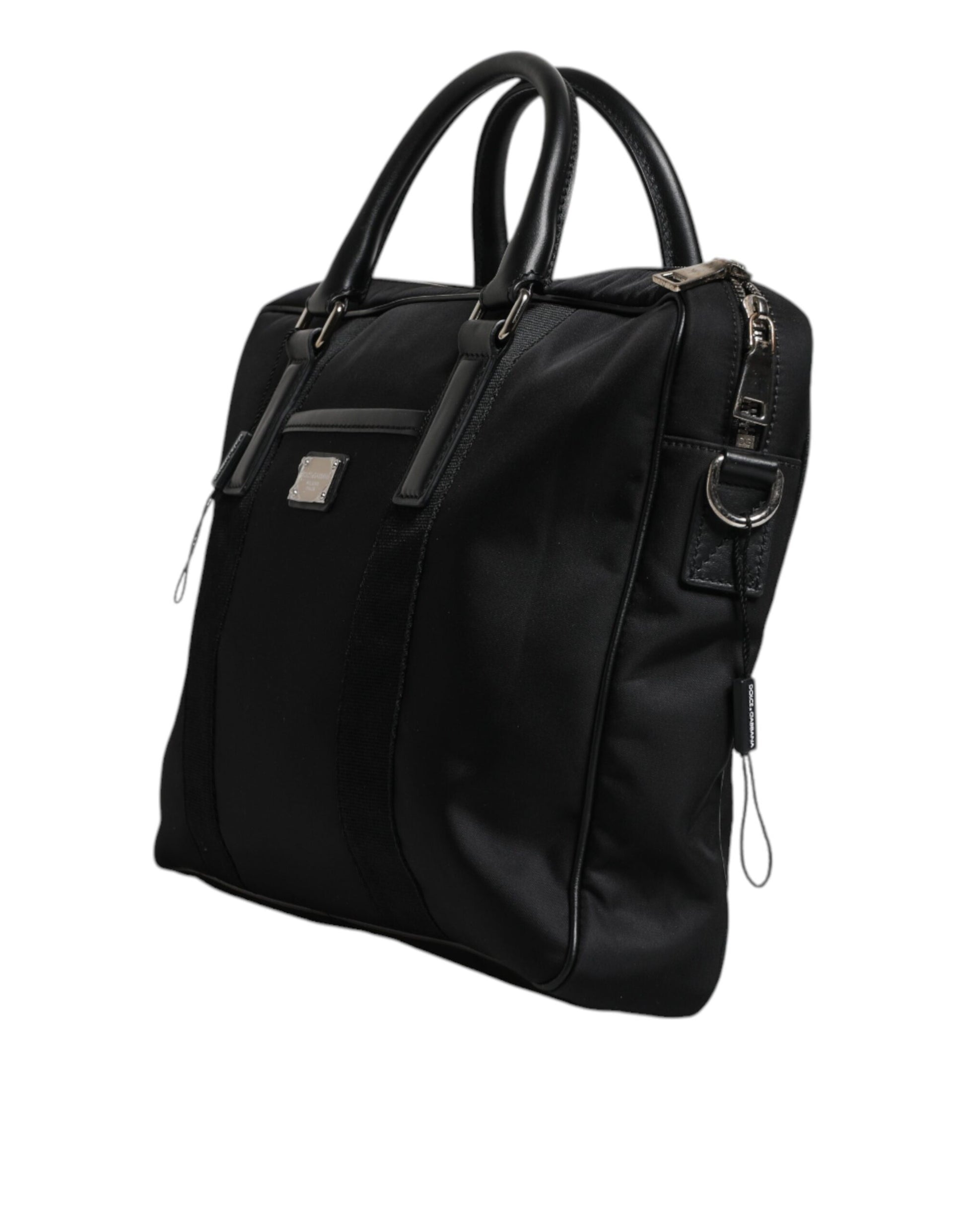 Schwarze Messenger Bag mit Doppelgriff und Logo-Schild