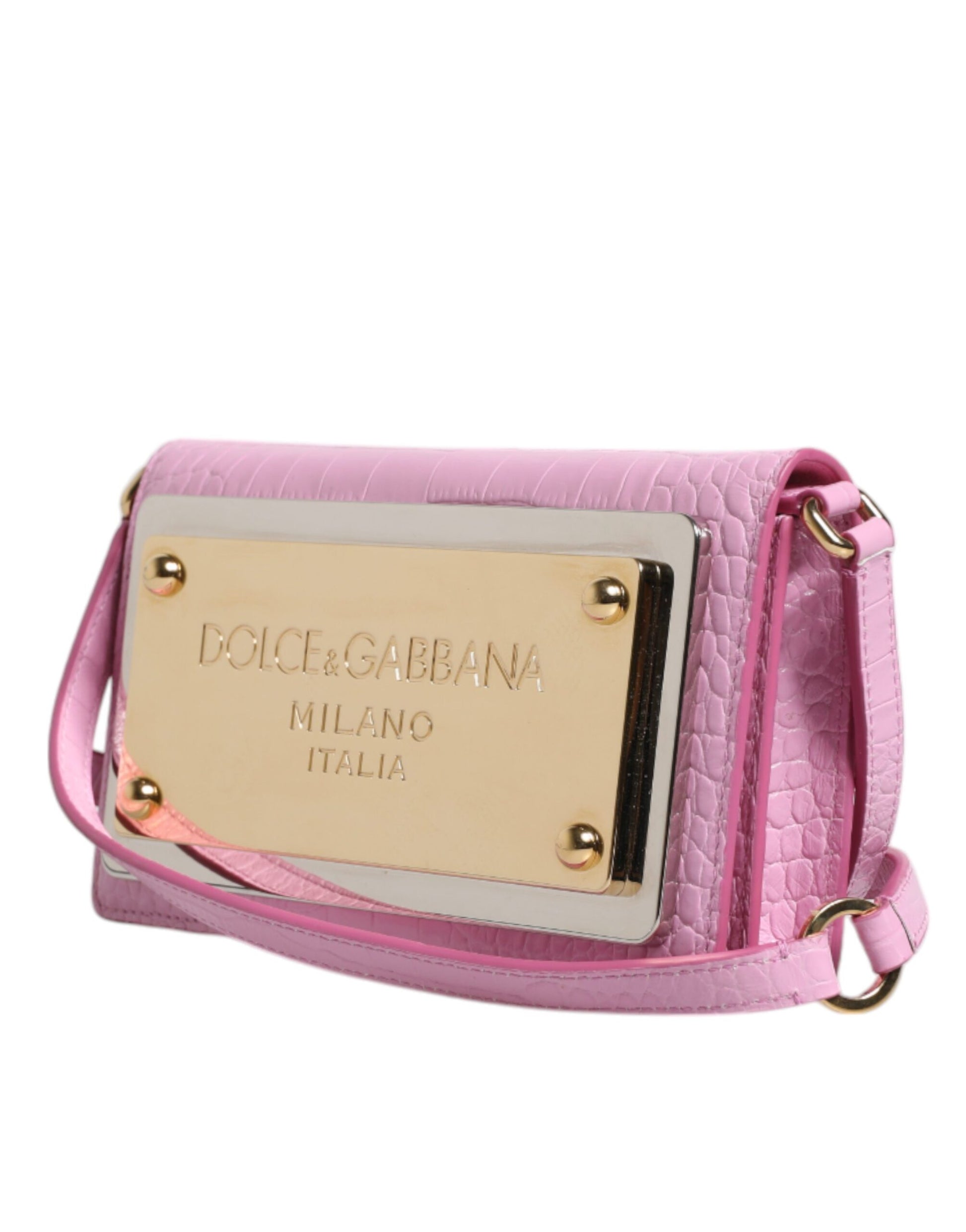 Umhängetasche aus exotischem Leder mit Logo-Schild in Rosa