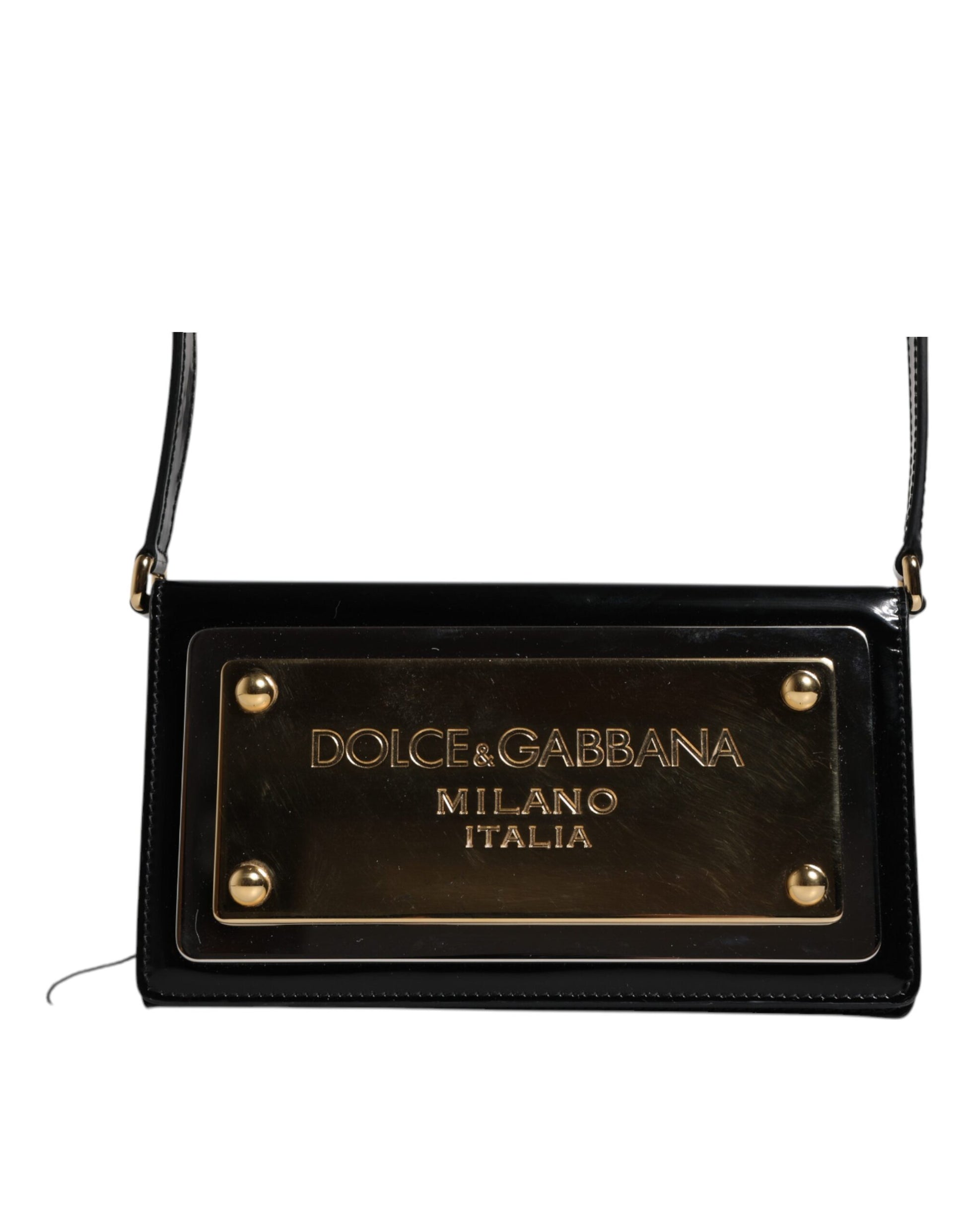 Schwarze Umhängetasche aus Lackleder mit Logo-Schild