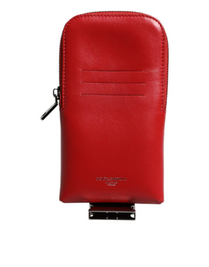 Rotes Kartenetui aus Leder mit Logo und Rundum-Reißverschluss, breites Riemen