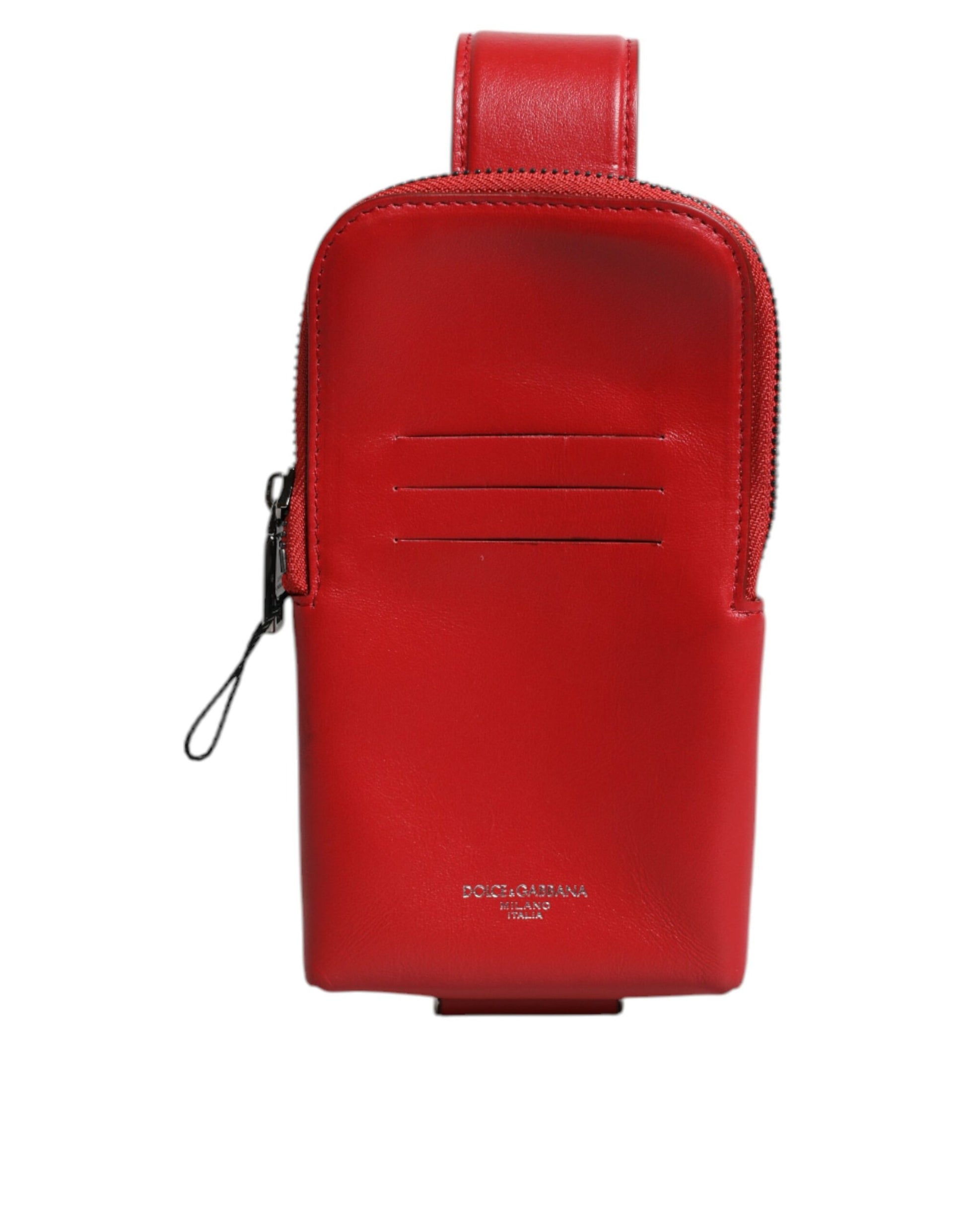 Rotes Kartenetui aus Leder mit Logo und Rundum-Reißverschluss, breites Riemen