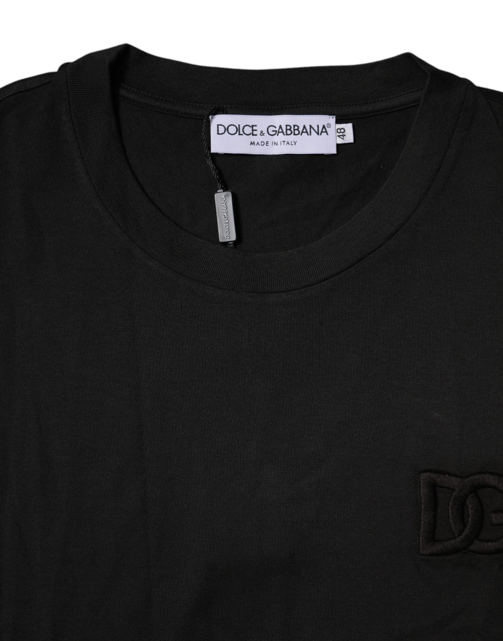 Schwarzes T-Shirt aus Baumwolle mit Rundhalsausschnitt und kurzen Ärmeln