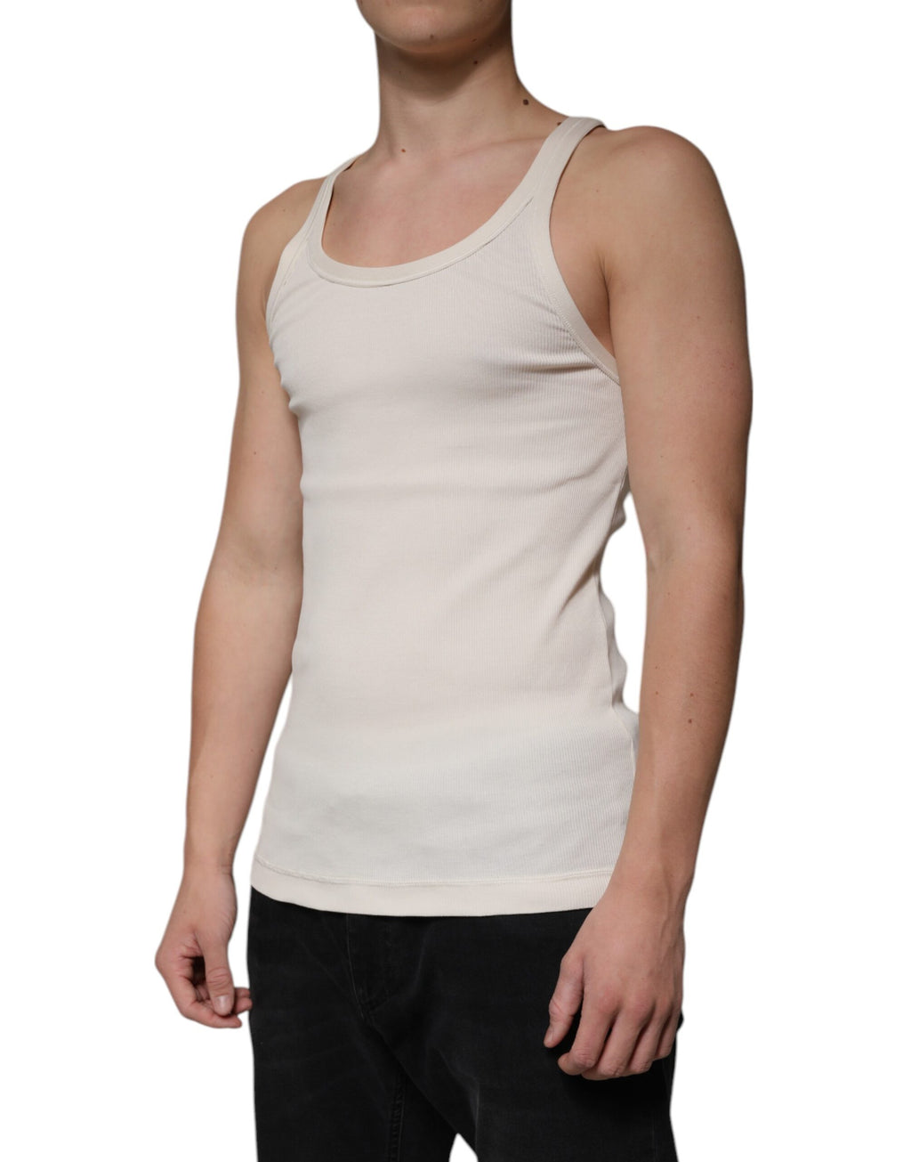 Ärmelloses Tank-T-Shirt aus Baumwolle mit Rundhalsausschnitt in Off-White