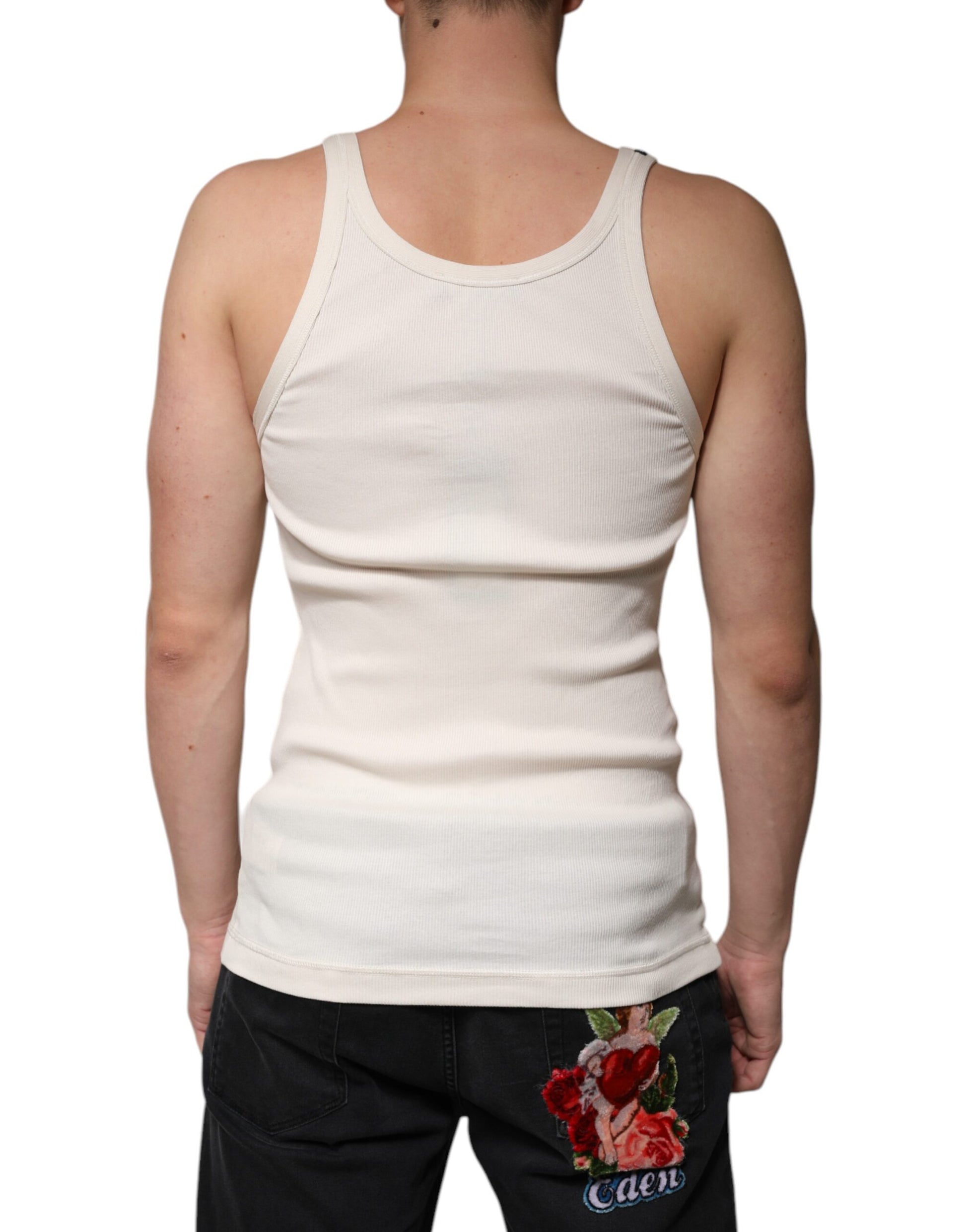 Ärmelloses Tank-T-Shirt aus Baumwolle mit Rundhalsausschnitt in Off-White