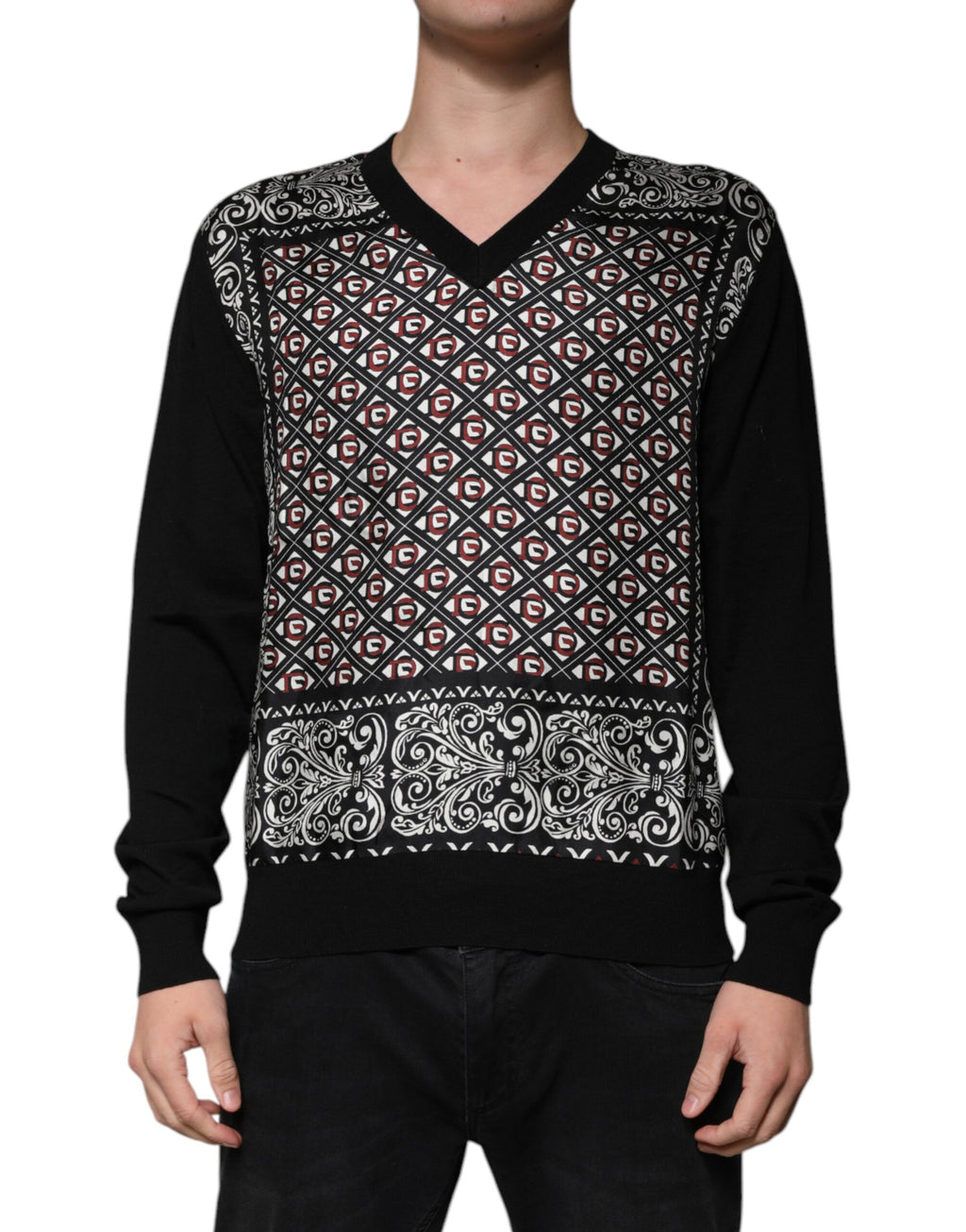 Schwarzer Wollpullover mit V-Ausschnitt und Logo