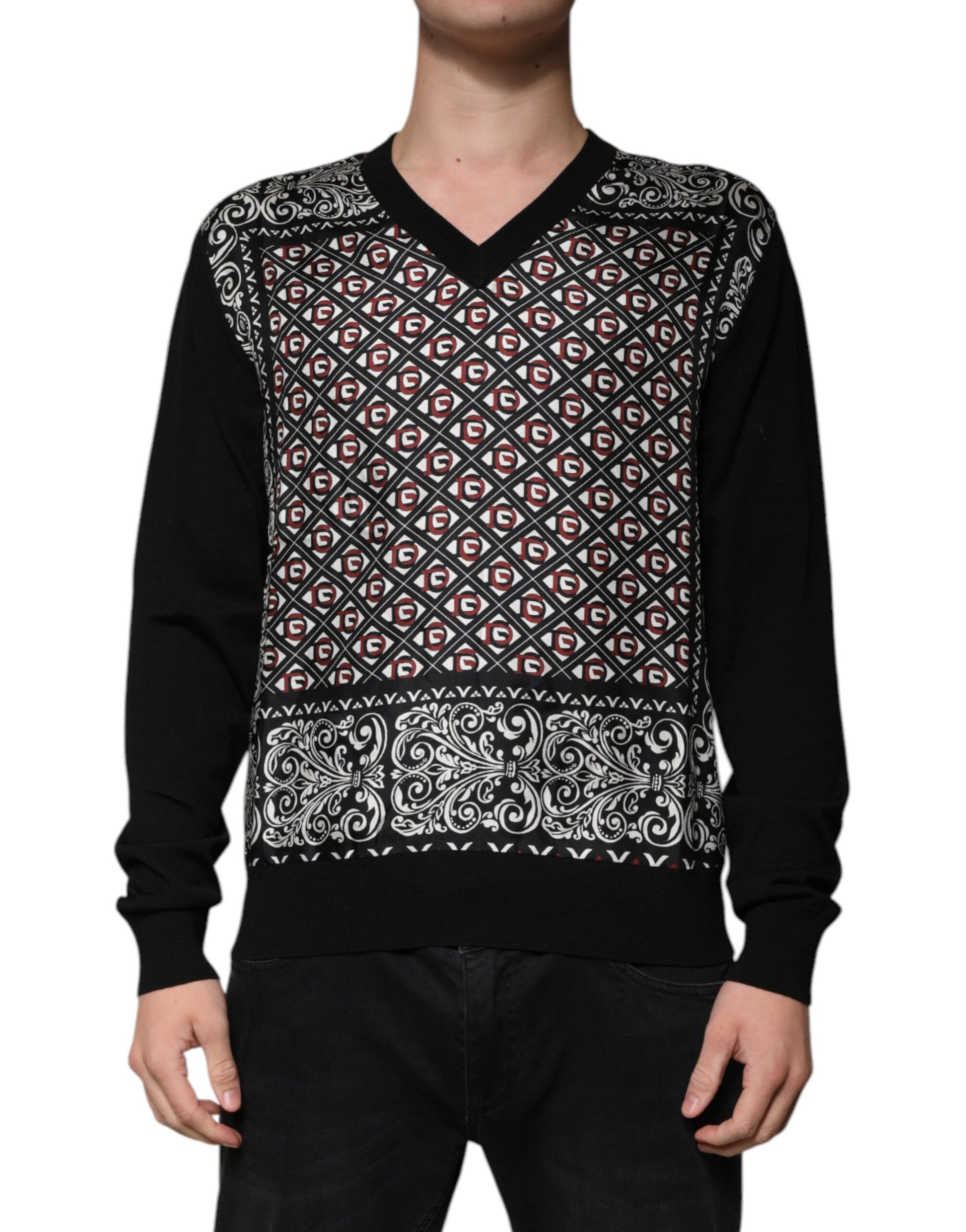 Schwarzer Wollpullover mit V-Ausschnitt und Logo
