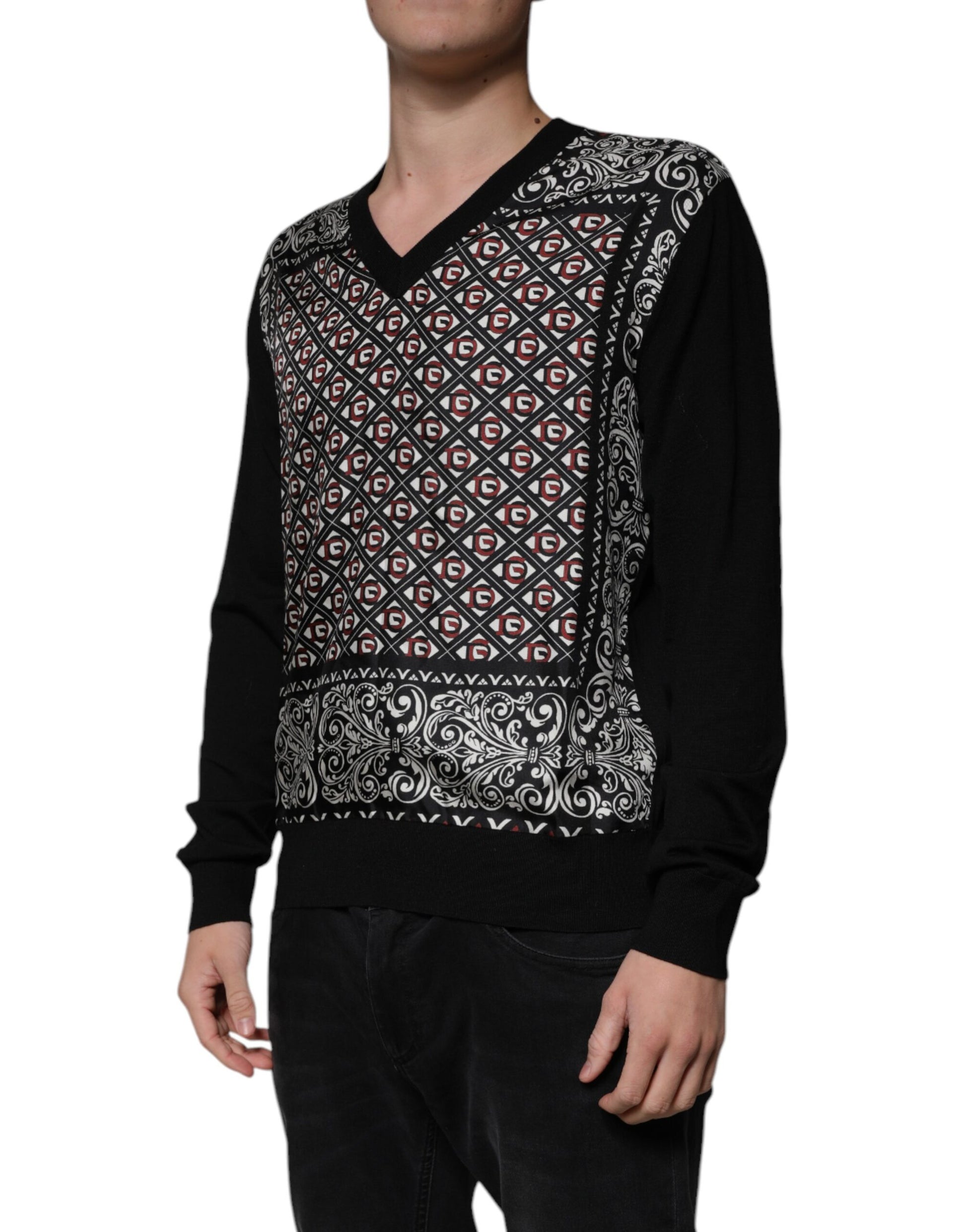 Schwarzer Wollpullover mit V-Ausschnitt und Logo