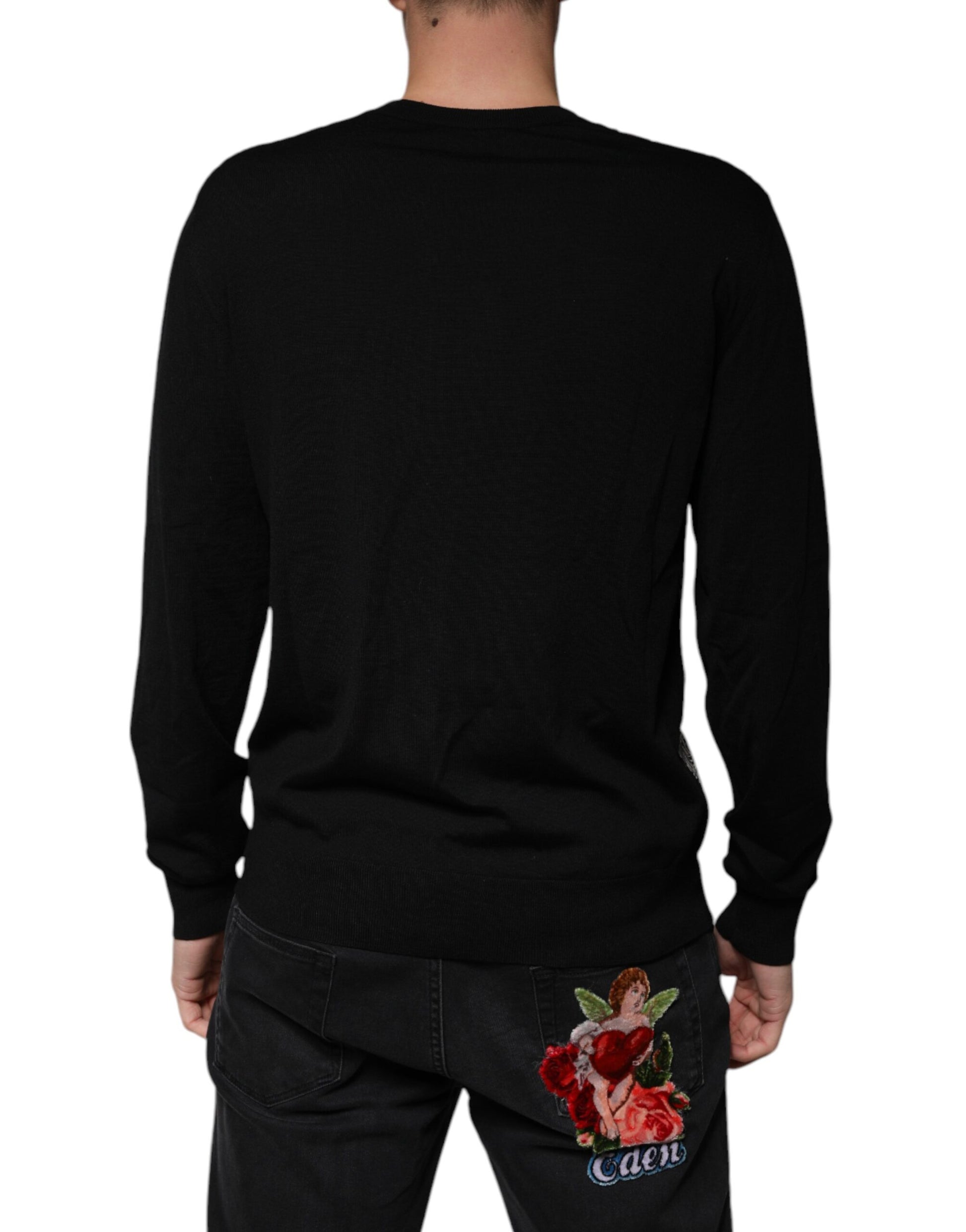 Schwarzer Wollpullover mit V-Ausschnitt und Logo