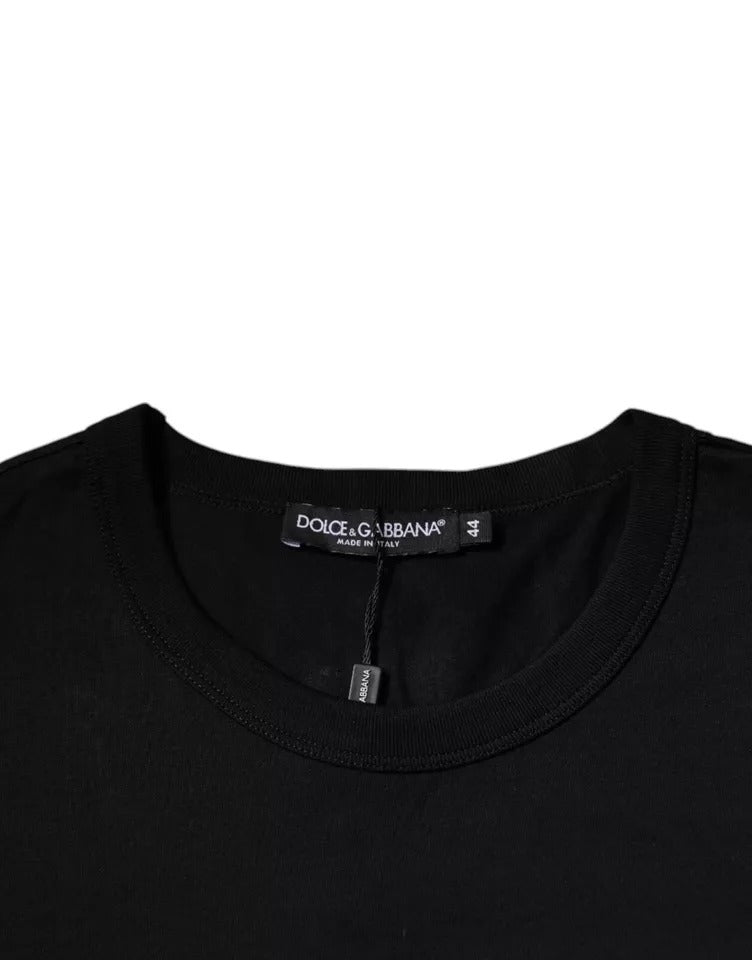 Schwarzes T-Shirt aus Baumwolle mit Rundhalsausschnitt und kurzen Ärmeln