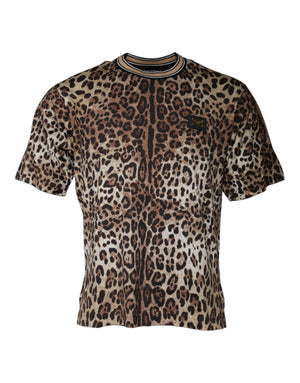 Braunes, kurzärmliges T-Shirt mit Rundhalsausschnitt und Leopardenmuster