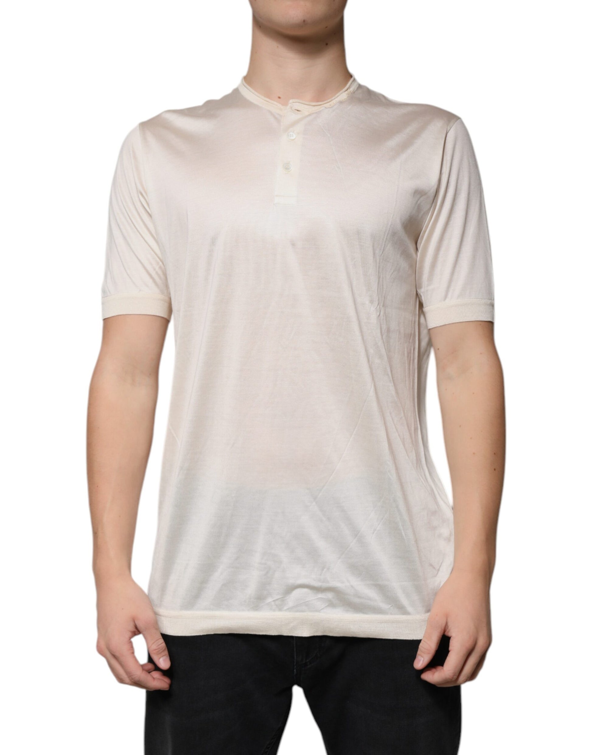 Henley-T-Shirt aus Seide mit Rundhalsausschnitt in Off-White