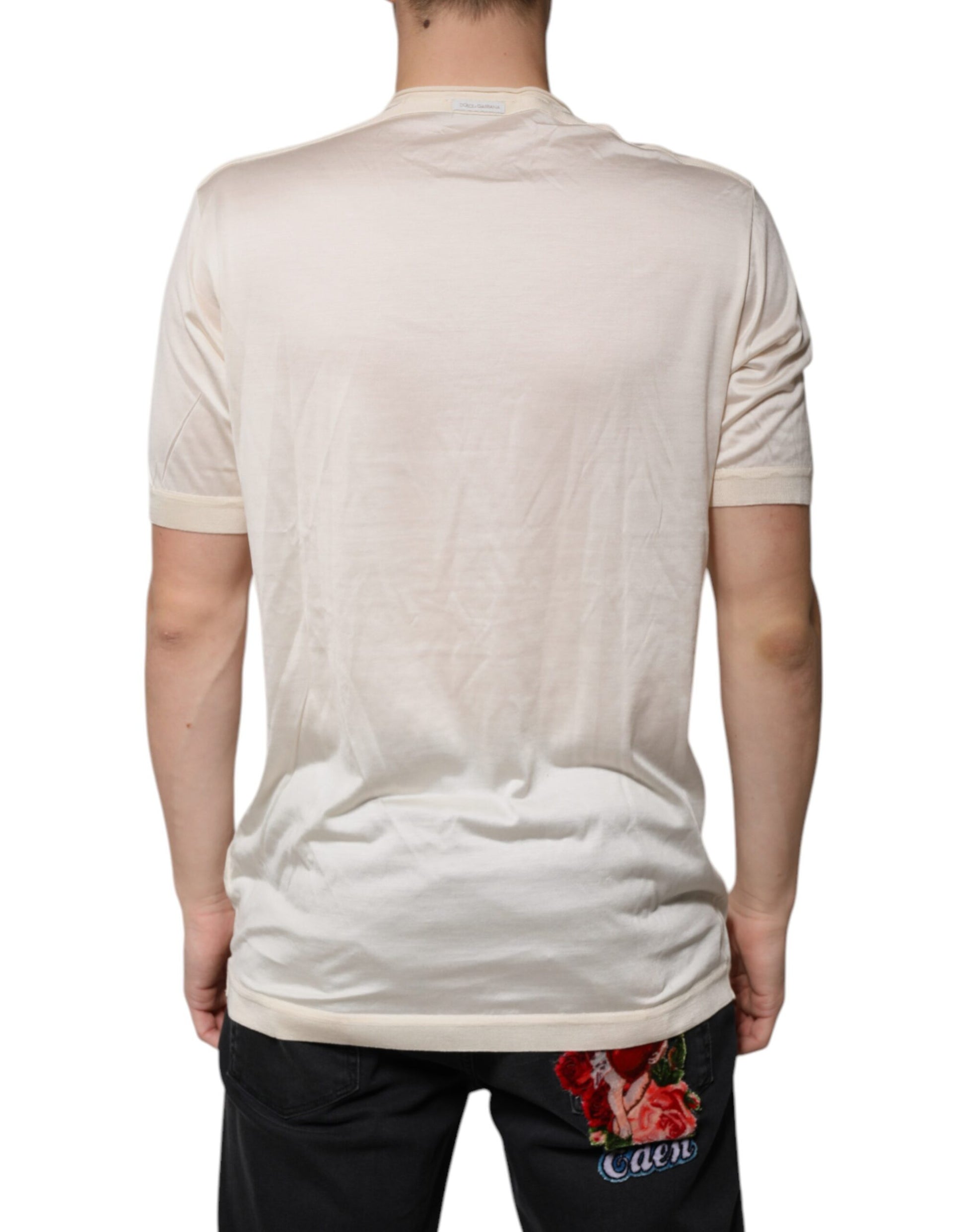 Henley-T-Shirt aus Seide mit Rundhalsausschnitt in Off-White