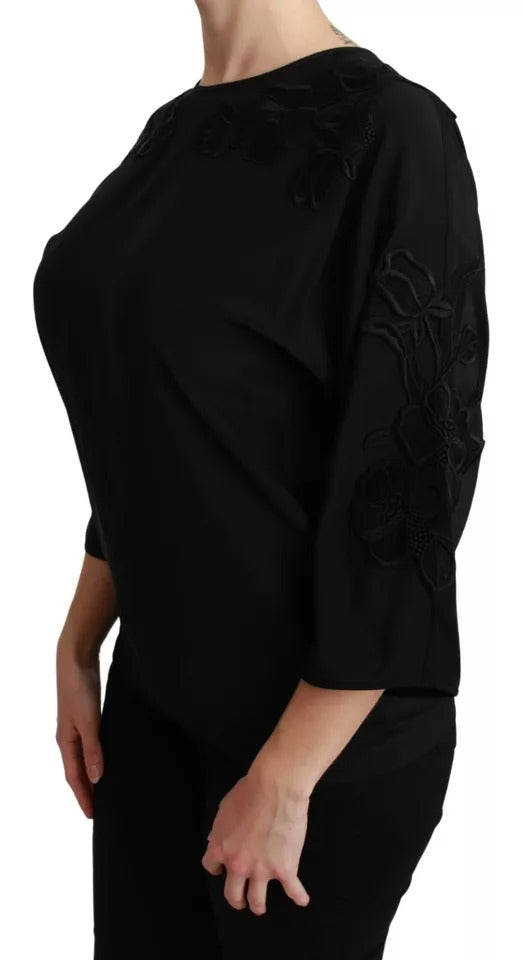 Schwarze Bluse mit Blumenstickerei aus Seide