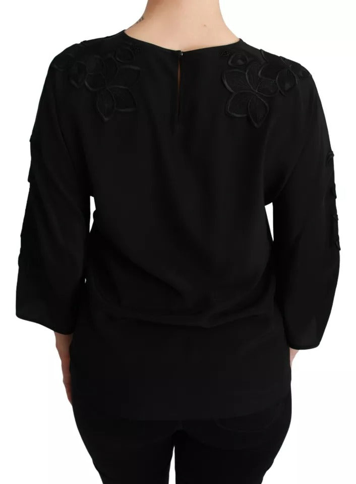 Schwarze Bluse mit Blumenstickerei aus Seide