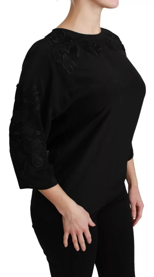 Schwarze Bluse mit Blumenstickerei aus Seide