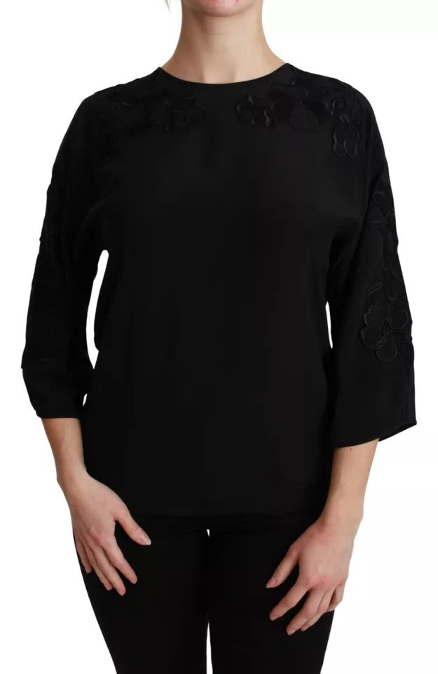 Schwarze Bluse mit Blumenstickerei aus Seide
