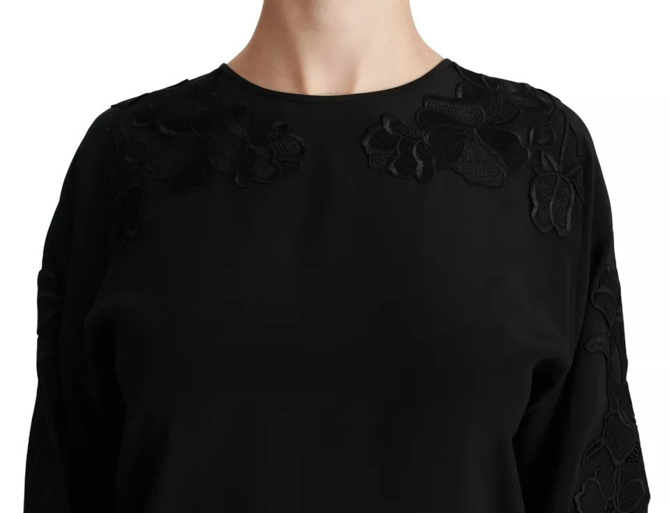 Schwarze Bluse mit Blumenstickerei aus Seide