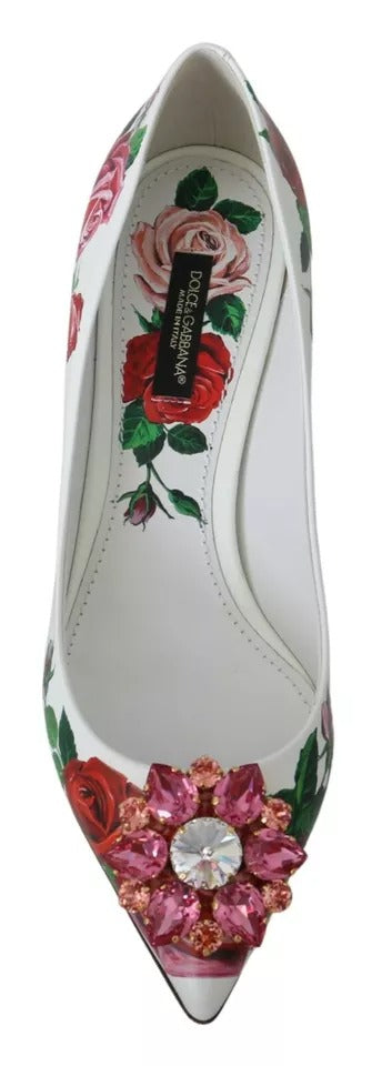 Weiße Pumps aus Leder mit Rosen und Kristallen