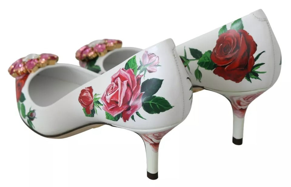 Weiße Pumps aus Leder mit Rosen und Kristallen