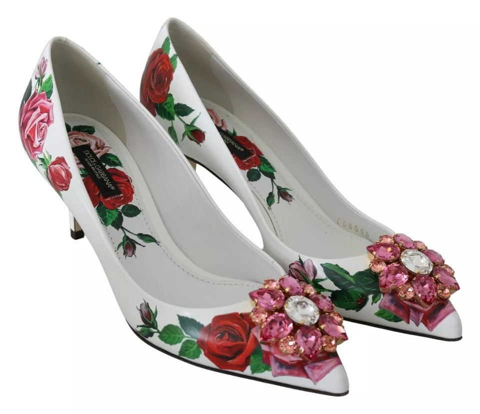 Weiße Pumps aus Leder mit Rosen und Kristallen
