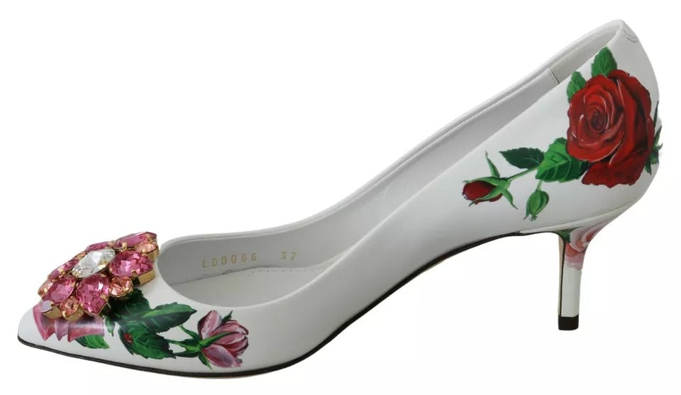 Weiße Pumps aus Leder mit Rosen und Kristallen