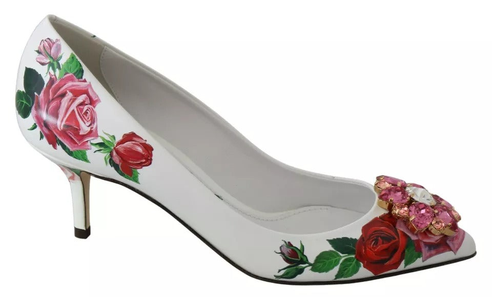 Weiße Pumps aus Leder mit Rosen und Kristallen