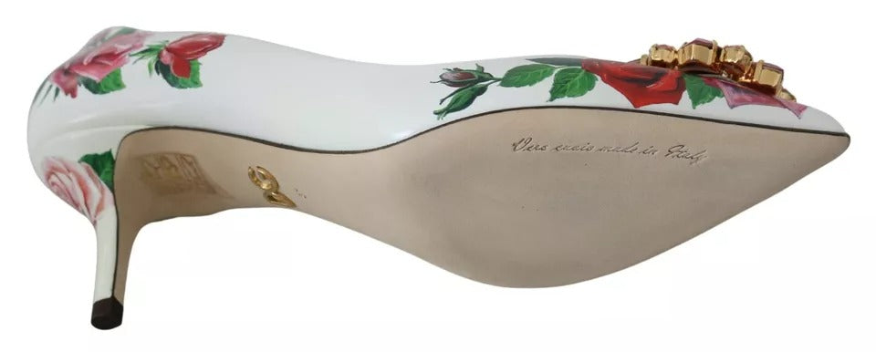 Weiße Pumps aus Leder mit Rosen und Kristallen