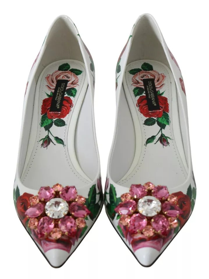 Weiße Pumps aus Leder mit Rosen und Kristallen