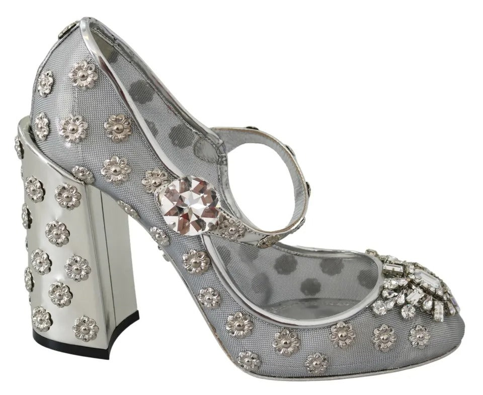 Silberne Mary Janes Pumps mit Kristallnieten