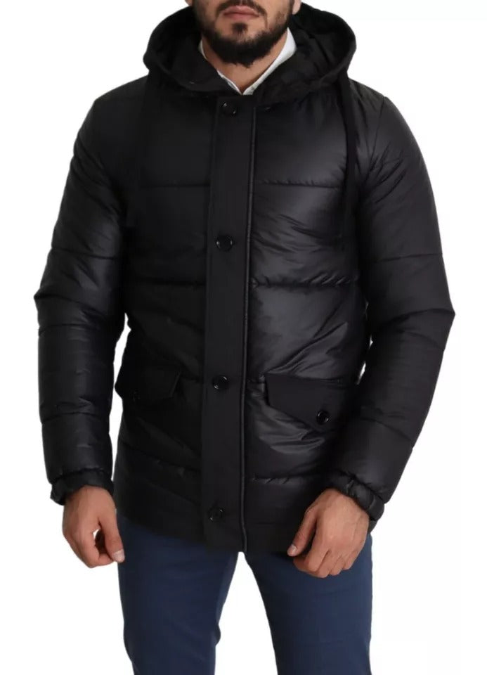 Schwarze Pufferjacke aus Polyester mit Kapuze für Herren