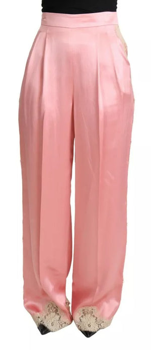 Rosa Hose aus Seidensatin mit weitem Bein und Spitzenbesatz