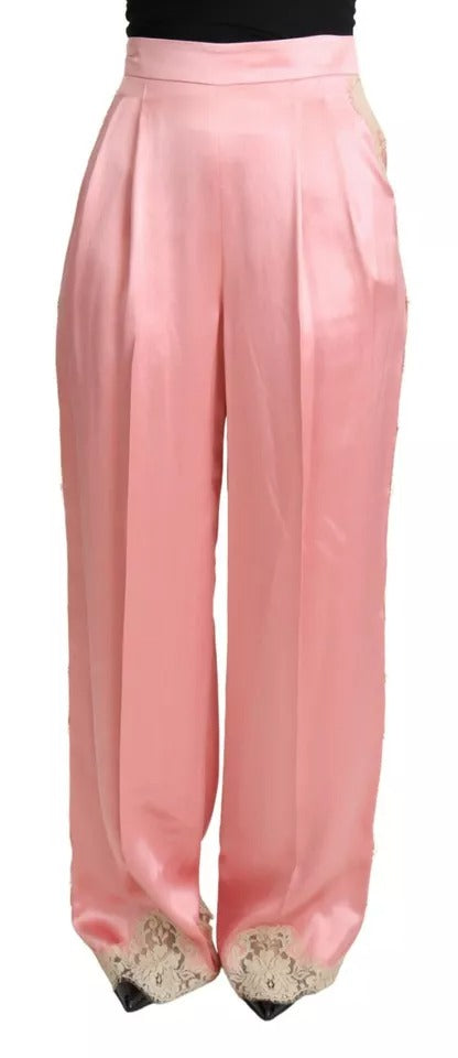 Rosa Hose aus Seidensatin mit weitem Bein und Spitzenbesatz