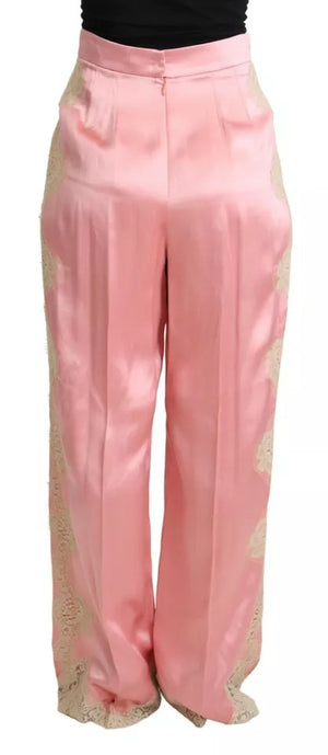 Rosa Hose aus Seidensatin mit weitem Bein und Spitzenbesatz